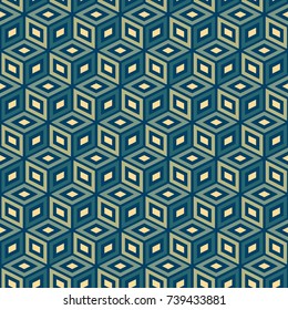 Seamless abstract vector geometric pattern. Ornament made of blue and cream 3d cubes. Symmetrical layout. Gift wrapping paper. Bed sheets and interior.