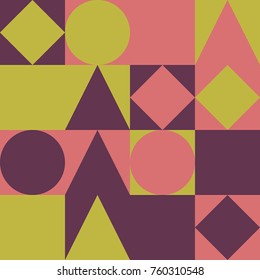 Seamless abstract vector geometric pattern. Ornament made of pale green, dark and light purple square, triangle and circle shapes. Random layout. Gift wrapping paper. Bed sheets and interior.