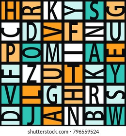 Seamless abstract vector geometric pattern. Black letters in orange, cream, white and blue squares. Random layout. Gift wrapping paper. Bed sheets and interior. School, writing and reading theme.
