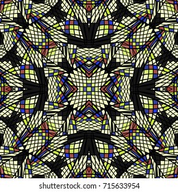 Seamless abstract vector geometric psychedelic pattern. Ornament made of black, white, blue, yellow and brown shapes. Kaleidoscope view. Symmetrical layout. Gift wrapping paper.