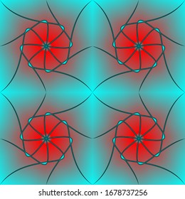 Nahtlose abstrakte Vektorillustration-Illustration einer Hintergrundtextur, die durch Kurven zweiter Ordnung auf rotem-blauem Farbverlauf-Hintergrund gebildet wird.