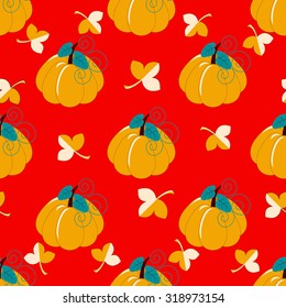 Seamless abstract vector illustration with leaves and pumpkins