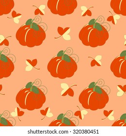 Seamless abstract vector illustration with leaves and pumpkins
