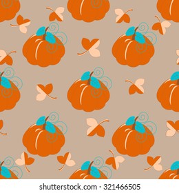 Seamless abstract vector illustration with leaves and pumpkins