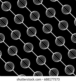 Seamless abstract vector monochrome geometric pattern. White 3d spheres on white lines on black background. Symmetrical layout. Gift wrapping paper. Bed sheets and interior.