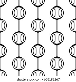 Seamless abstract vector monochrome geometric pattern. Black 3d spheres on black lines on white background. Symmetrical layout. Gift wrapping paper. Bed sheets and interior.