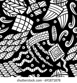 Seamless abstract vector monochrome geometric pattern. Hand drawn black and white ornamental. Various white shapes and ornaments on black background. Gift wrapping paper. Bed sheets and interior.