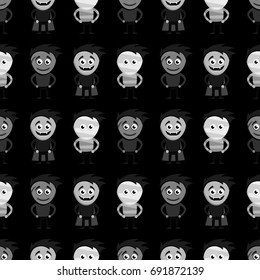 Seamless abstract vector monochrome pattern. Black and white halloween characters put symmetrically on black background. Zombie, vampire and mummy. Halloween theme.
