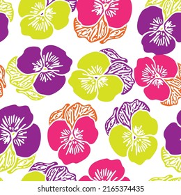 Seamless abstract vector multicolored pansy pattern on a white background. Suitable for packaging, clothing, background, invitation, greetings, beach wear and for other design projects.