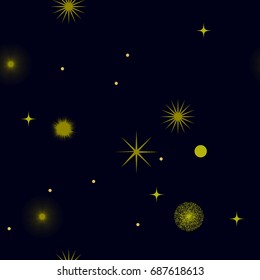Seamless abstract vector night sky pattern. Yellow stars and planets on dark blue background. Starry galaxy; cosmos; space.