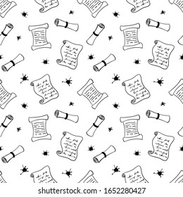 Seamless abstract vector pattern. Black contoured scrolls and ink stains isolated on white background. World writer's day monochrome illustration. Perfect for wallpaper or fabric.