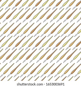 Seamless abstract vector pattern. Black contoured fountain pens with beige shadows isolated on white background. World writer's day colorful illustration. Perfect for wallpaper or fabric.