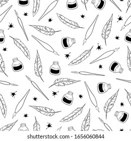 Seamless abstract vector pattern. Black contoured quills, inkwells fountains pens ink stains isolated on white background. World writer's day monochrome illustration. Perfect for wallpaper or fabric.