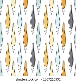 Seamless abstract vector pattern. Black contoured fountain pens with pink, beige, yellow, blue and purple shadows. World writer's day colorful illustration. Perfect for wallpaper or fabric.