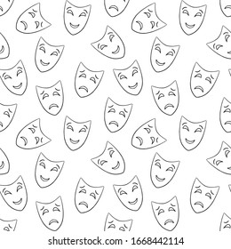 Seamless abstract vector pattern. Black contoured theatrical masks isolated on white background. Tradegy and comedy. World theatre day. Simple monochrome illustration. Perfect for wallpaper or fabric.