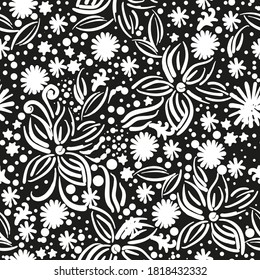 seamless abstract vector pattern, black and white colors, flowers and dots