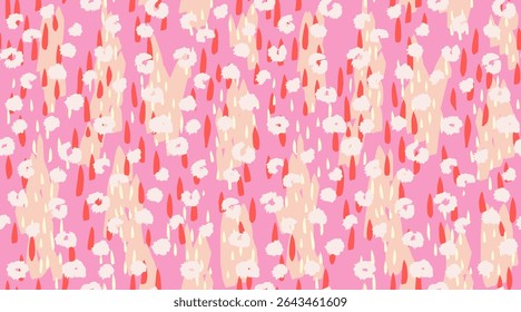 Seamless abstract vector pattern with bold shapes, raindrop elements, and hand drawn floral dots on a pink background. Modern, playful design for textiles, wrapping, digital prints