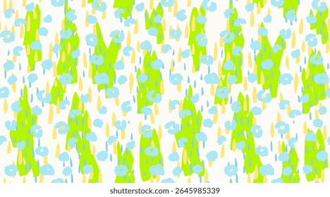 Seamless abstract vector pattern with bold green shapes, blue and yellow raindrop elements, and hand drawn floral dots. Modern, playful design for textiles, wrapping, or digital background