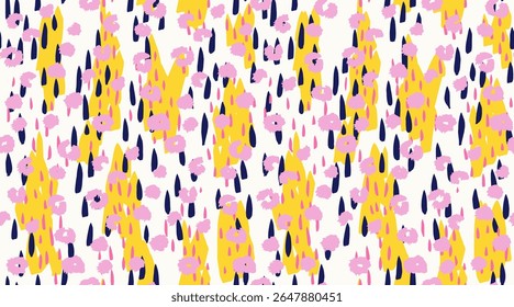 Seamless abstract vector pattern with bold yellow shapes, navy blue and pink raindrop elements, and hand drawn floral dots. Modern, playful design for textiles, wrapping, or digital backgrounds