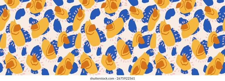 Padrão de vetor abstrato sem costura com formas orgânicas em tons de amarelo mostarda, azul cobalto e terracota. Design artístico moderno para tecido, papel de parede e embalagem