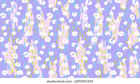 Seamless abstract vector pattern with bold shapes, blue and green raindrop elements, and hand drawn floral dots on a violet, purple background. Modern design for textiles, wrapping, digital prints