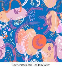 Seamless abstract vector pattern bright colors. Hand drawn fun cute creative unique trendy print with simple shapes. For banner, blog, postcard, invitation, packaging, paper bag, fabric prints. EPS