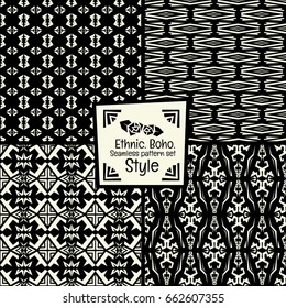 Seamless abstract vector pattern collection ethnic tribal style in monochrome. Boho chic pattern set. 