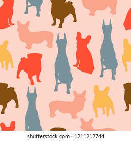 Seamless abstract vector pattern with color silhouettes of dogs.