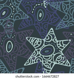 Seamless abstract vector pattern with colorful ornamental sea stars on blue background. The design is perfect for wallpaper, backgrounds, wrapping paper, sheets, clothes, stationary and decorations. 