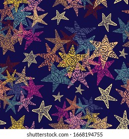 Seamless abstract vector pattern with colorful ornamental sea stars. The design is perfect for wallpaper, backgrounds, wrapping paper, sheets, clothes, stationary and decorations. 