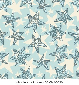 Seamless abstract vector pattern with colorful ornamental sea stars on blue background. The design is perfect for wallpaper, backgrounds, wrapping paper, sheets, clothes, stationary and decorations. 