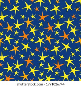 Seamless abstract vector pattern with colorful orange and yellow stars on blue. The design is perfect for wallpaper, backgrounds, wrapping paper, sheets, clothes, stationary and decorations.