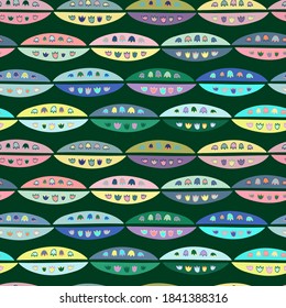 Seamless abstract vector pattern with colorful ornamental shapes with cartoon flowers. The design is perfect for wallpaper, backgrounds, wrapping paper, sheets, clothes, stationary and decorations. 