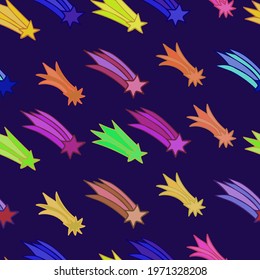 Seamless abstract vector pattern with colorful falling stars in pastel colors on blue. The design is perfect for wallpaper, backgrounds, wrapping paper, sheets, clothes, stationary and decorations.