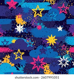 Seamless abstract vector pattern with colorful stars, clouds, paint splashes, and grunge textures. Funky night sky design for kids and teens. Bright vivid background for textiles, wallpapers