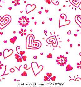 Seamless abstract vector pattern with cute hearts and flowers.  can be used for fabrics, wallpapers, scrap-booking, etc. 