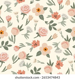 Seamless abstract vector pattern with delicate pastel flowers for background, fabric or packaging design.