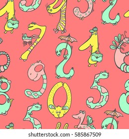 Seamless abstract vector pattern with different funny cartoon numbers characters. Mathematics background. Colorful school pattern for children. Multicolor math background for kids. 