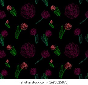 Seamless abstract vector pattern featuring flower outlines, stems and leaves of tulips from simple lines in dark red, maroon and green. Suitable for backgrounds and scrapbooking.