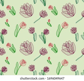 Seamless abstract vector pattern featuring flower outlines, stems and leaves of tulips from simple lines in dark red, maroon and green. Suitable for backgrounds and scrapbooking.