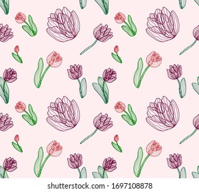 Seamless abstract vector pattern featuring flower outlines, stems and leaves of tulips from simple lines in dark red, maroon and green. Suitable for backgrounds and scrapbooking.