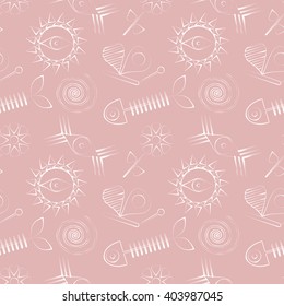 Seamless abstract vector pattern with fish skeleton, sun, eyes and butterfly. 