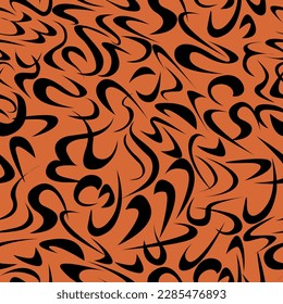 seamless abstract vector pattern of flowing various shapes in black on an orange background for prints on fabrics for clothes, packaging and for interior and stage decoration