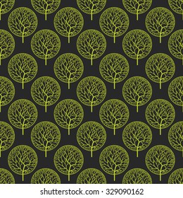 Seamless abstract vector pattern with green trees on black background