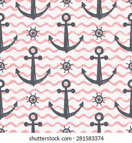 Seamless abstract vector pattern. Hand drawn sea anchor, helm, pink stripes. Nautical summer hipster background. Design can be used for paper, wallpaper, textile, fabric. Vintage pastel color
