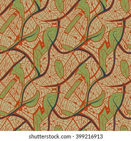 Seamless abstract vector pattern with hand drawn structural motif - roads and map