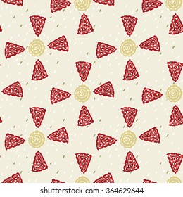Seamless abstract vector pattern with hand-drawn circles, dots and triangles.