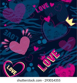 Seamless abstract vector pattern with hearts, crown, love for girl