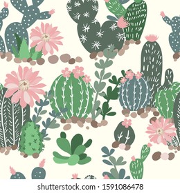 Seamless abstract vector pattern with the image of cactus houseplants on a white background. Graphic flat style. It can be used to create wallpapers, posters, prints, curtains and much more.