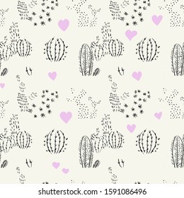 Seamless abstract vector pattern with the image of house plants of cactus and hearts on a beige background. Graphic linear image. Can be used to create wallpapers, posters, prints, curtains and more.